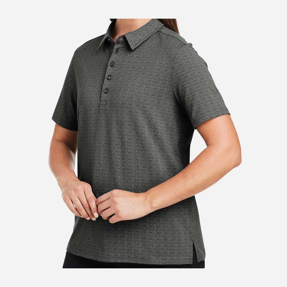 Devon & Jones Women's CrownLux Performance® Geo Polo Full Color - Graphite/ Silver - On Model Side