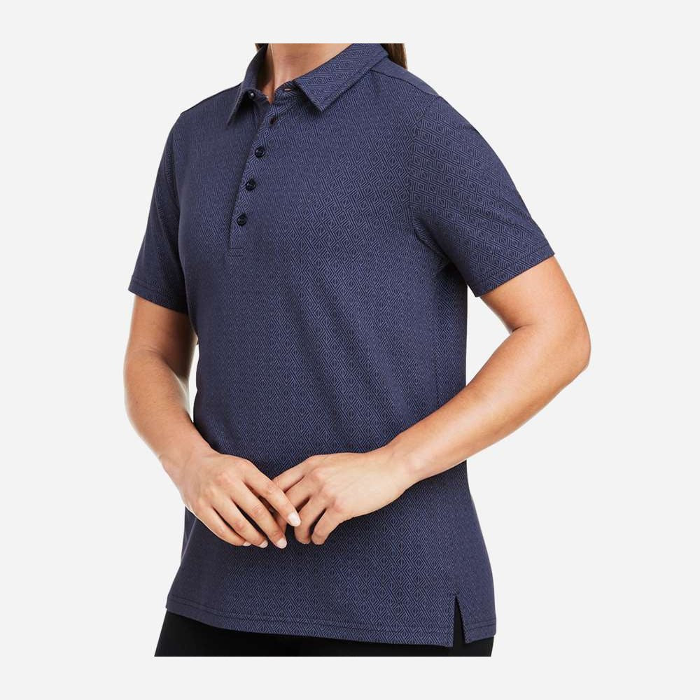 Devon & Jones Women's CrownLux Performance® Geo Polo Full Color - Navy/ French Blue - On Model Side
