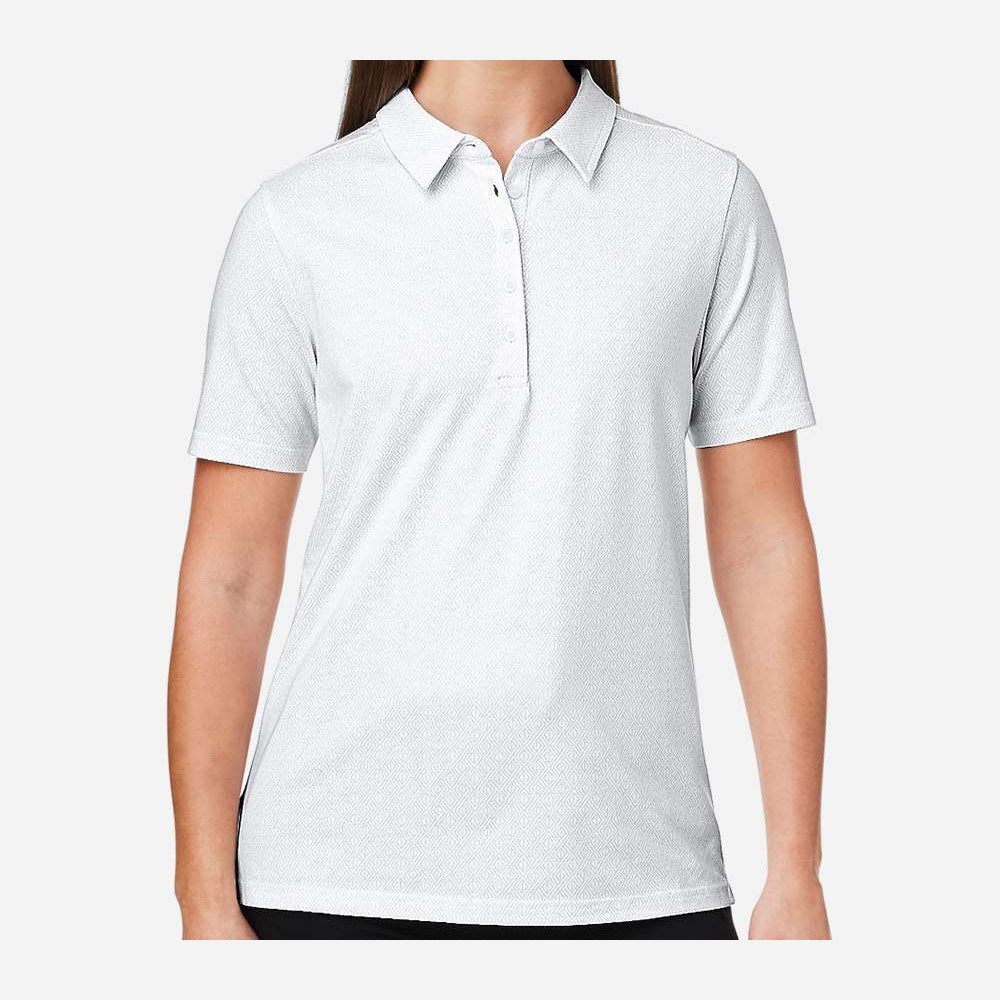Devon & Jones Women's CrownLux Performance® Geo Polo Full Color - White/ Silver - On Model Front