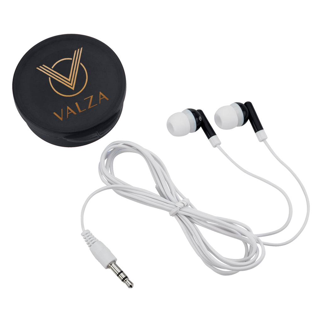 Earbuds with Round Plastic Case - Black - Full Color
