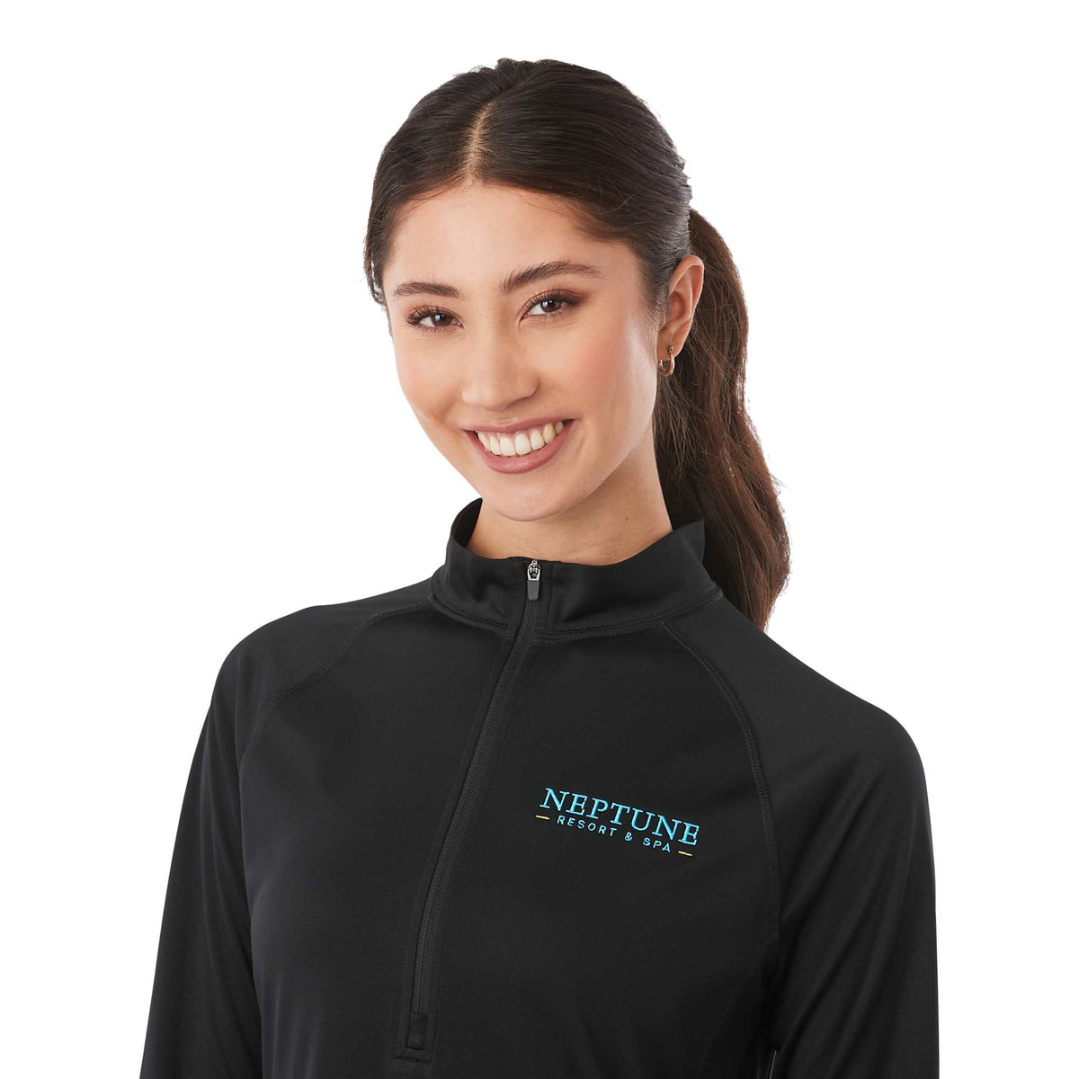 Evans Recycled Performance Half Zip for Women Embroidery - Black - Detail On Model