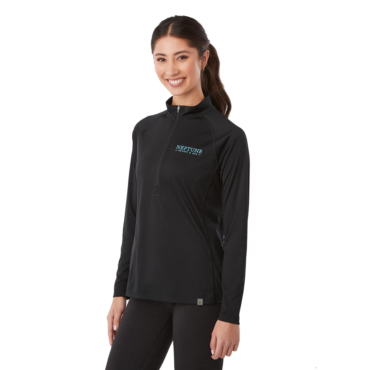 Evans Recycled Performance Half Zip for Women Embroidery - Black - Left Angle On Model