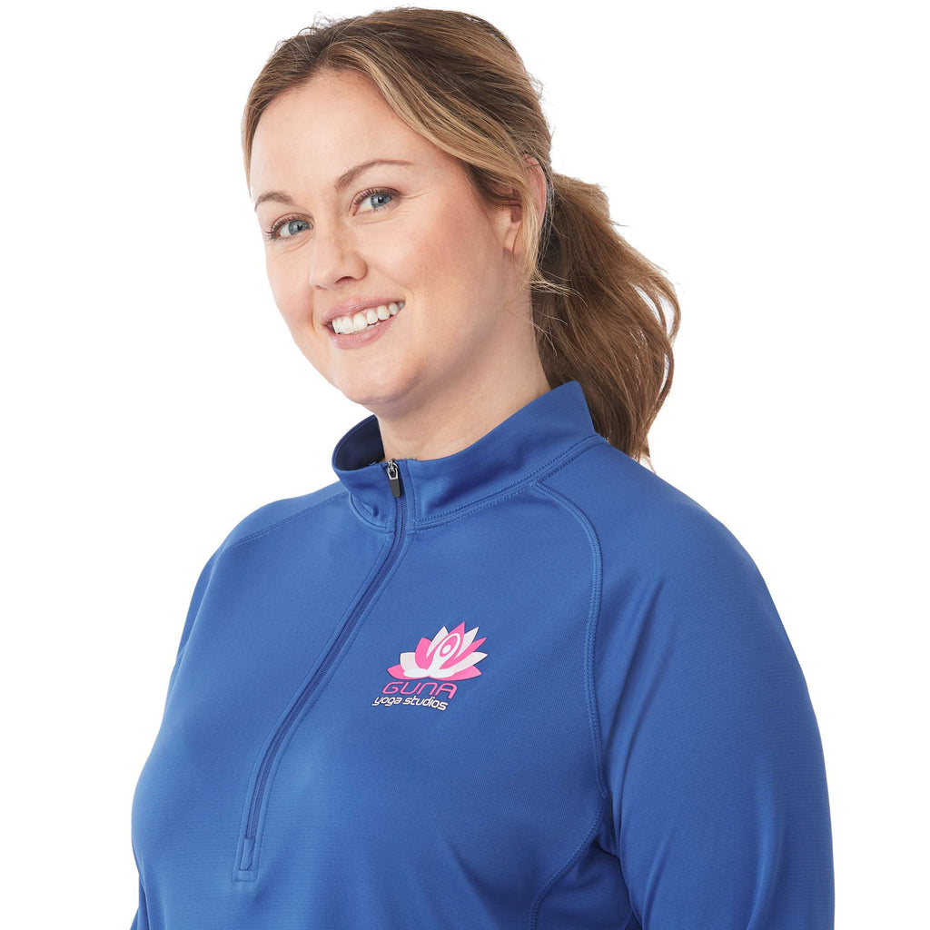 Evans Recycled Performance Half Zip for Women Embroidery - New Royal - Detail On Model