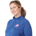 Evans Recycled Performance Half Zip for Women Embroidery - New Royal - Detail On Model