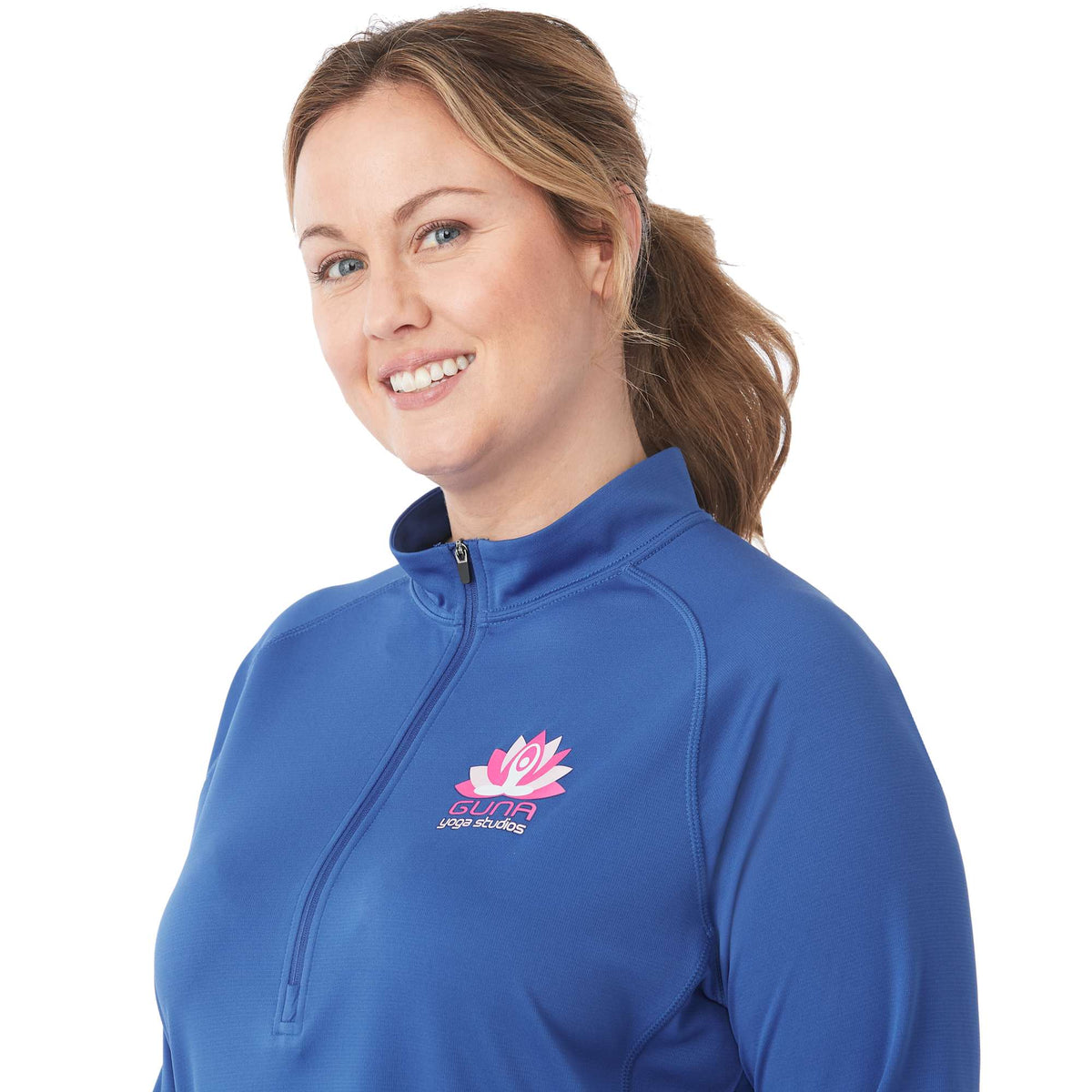 Evans Recycled Performance Half Zip for Women Embroidery - New Royal - Detail On Model