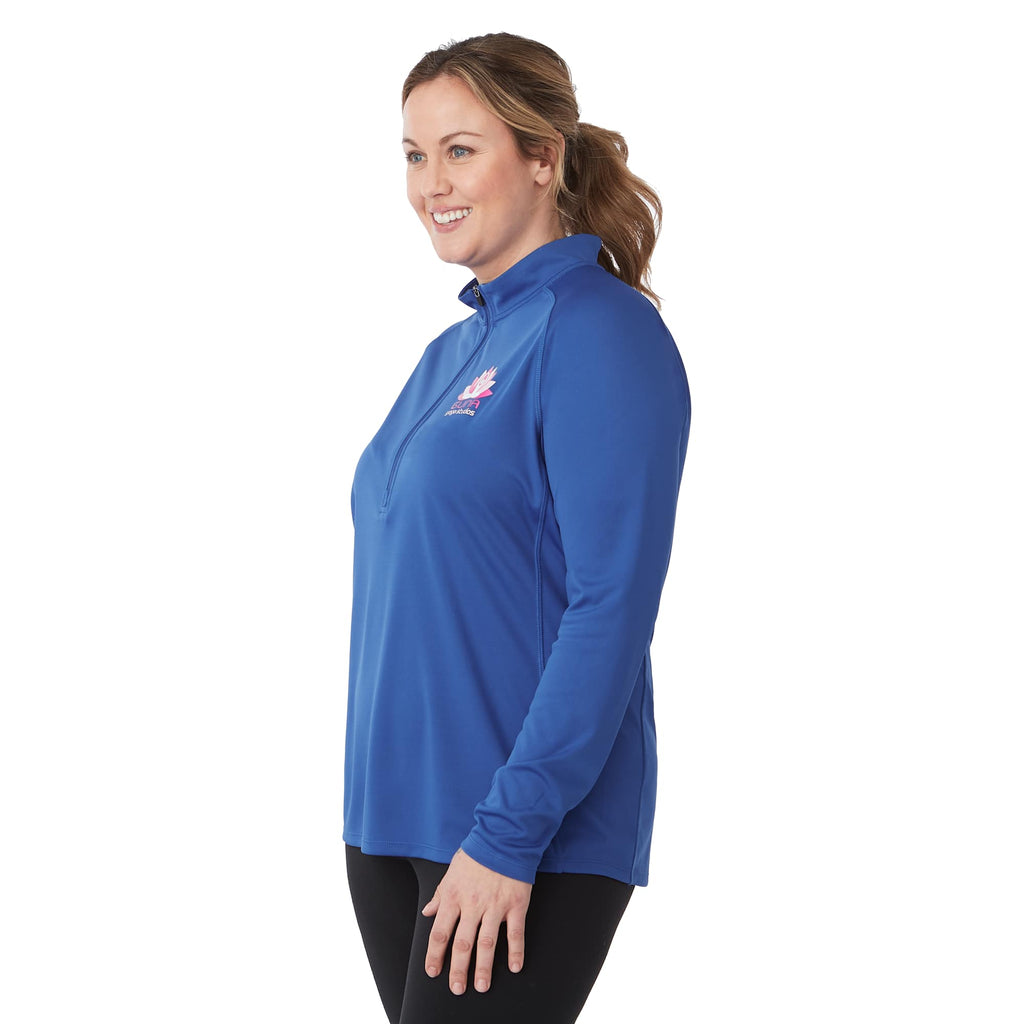 Evans Recycled Performance Half Zip for Women Embroidery - New Royal - Left Angle On Model