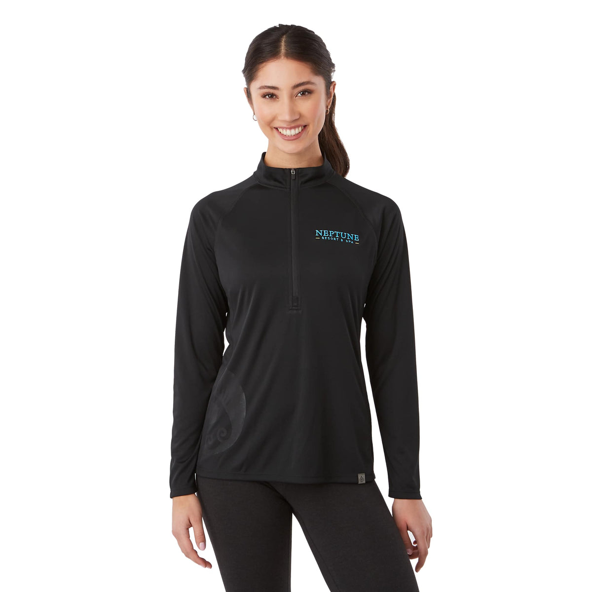 Evans Recycled Performance Half Zip for Women Transfer - Black - Front On Model 2