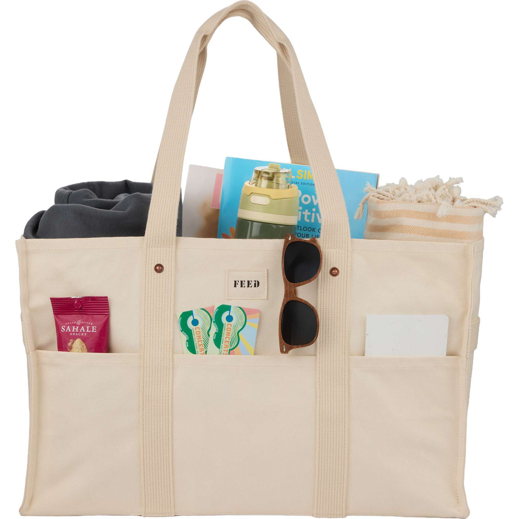 FEED Large Organic Market Tote with Three Pockets Embroidery - Natural - Propped