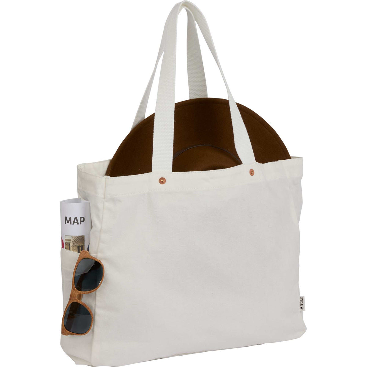 FEED Organic Cotton Tote with Copper Rivets Embroidery - White - Propped
