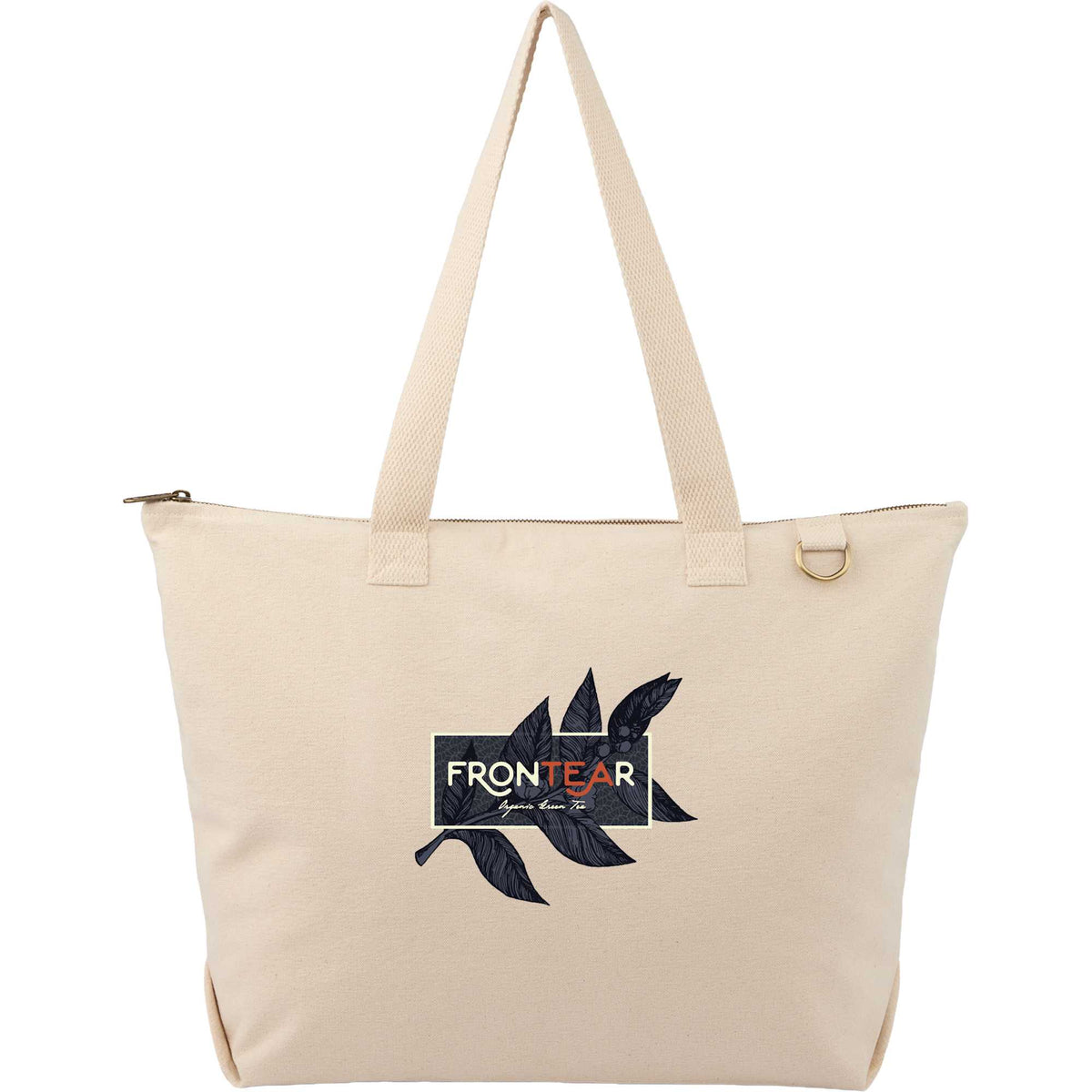 FEED Organic Zippered Tote with Brass D-Ring Embroidery - Natural - Front