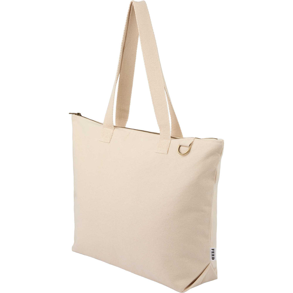 FEED Organic Zippered Tote with Brass D-Ring Transfer - Natural - Left Angle