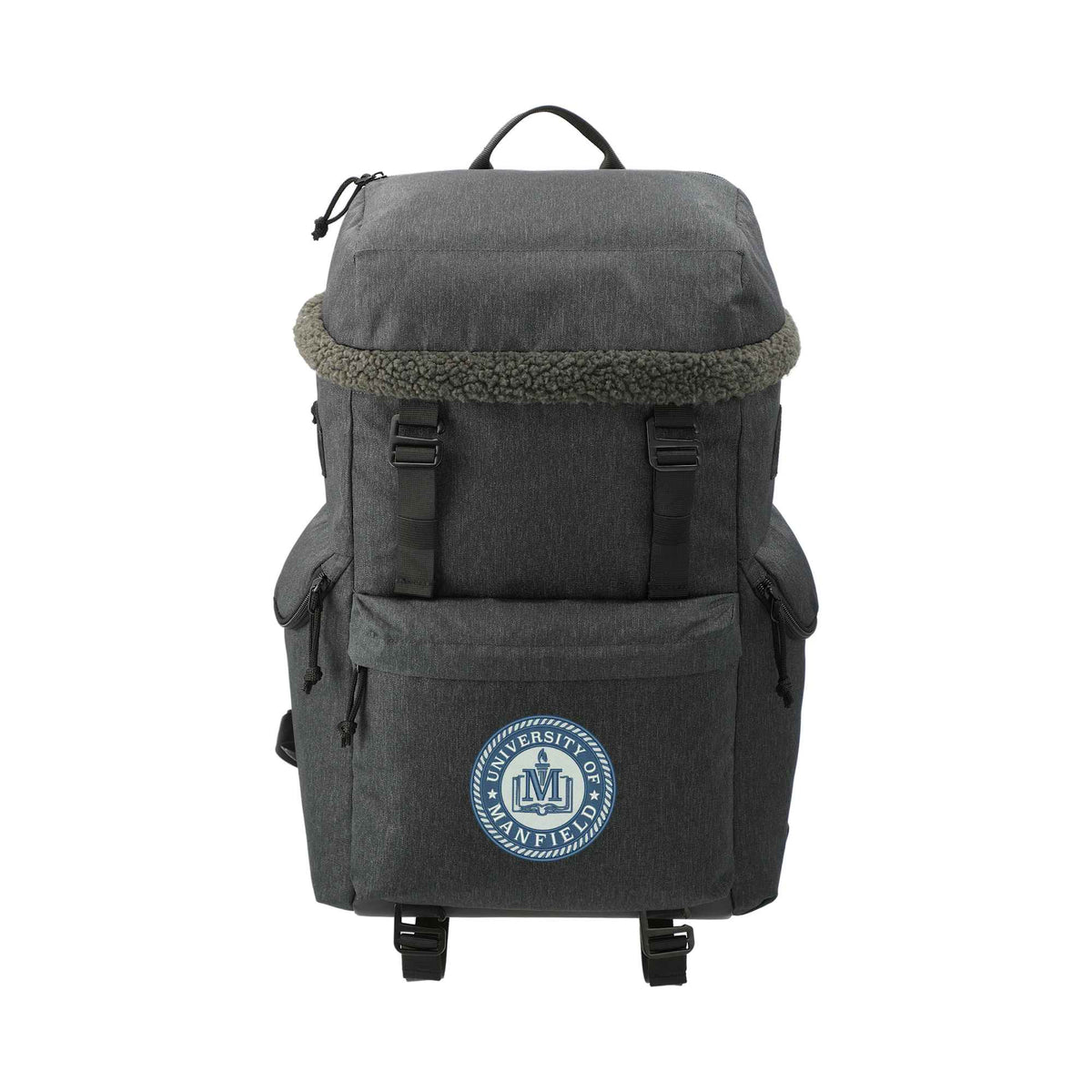 Fireside Recycled Rucksack with Sherpa Accents, 15 Inch Embroidery - Charcoal - Front 2