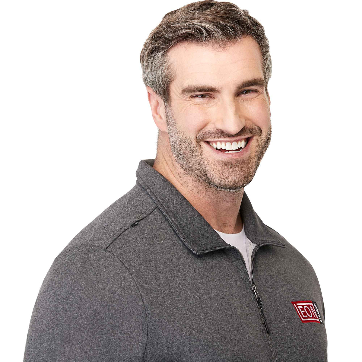 Frazier Eco Knit Jacket for Men Embroidery - Heather Charcoal - Right Angle On Model