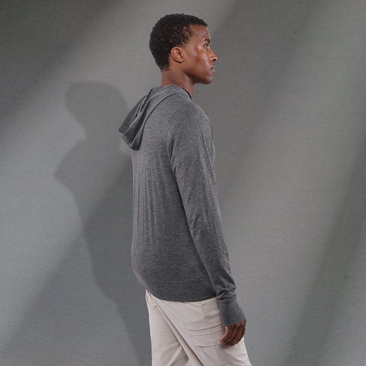 Garner Lightweight Knit Zip Hoodie with Thumb Holes for Men Embroidery - Heather Dark Charcoal - Right Side On Model