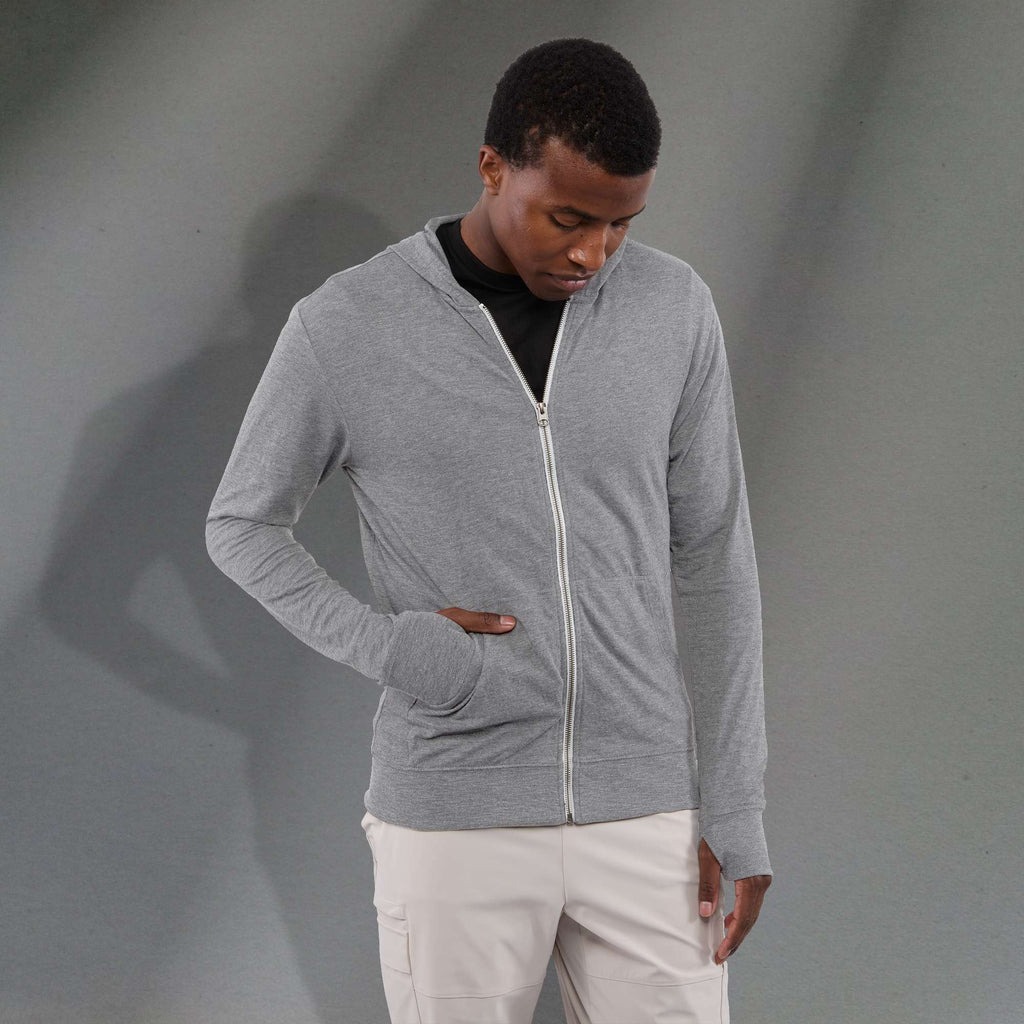 Garner Lightweight Knit Zip Hoodie with Thumb Holes for Men Embroidery - Heather Grey - Front On Model