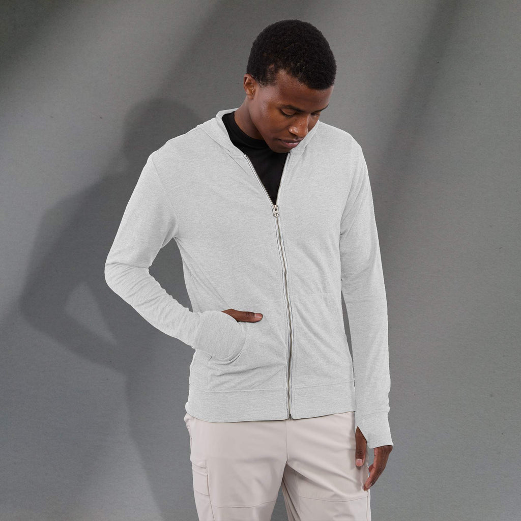 Garner Lightweight Knit Zip Hoodie with Thumb Holes for Men Embroidery - White - Front On Model