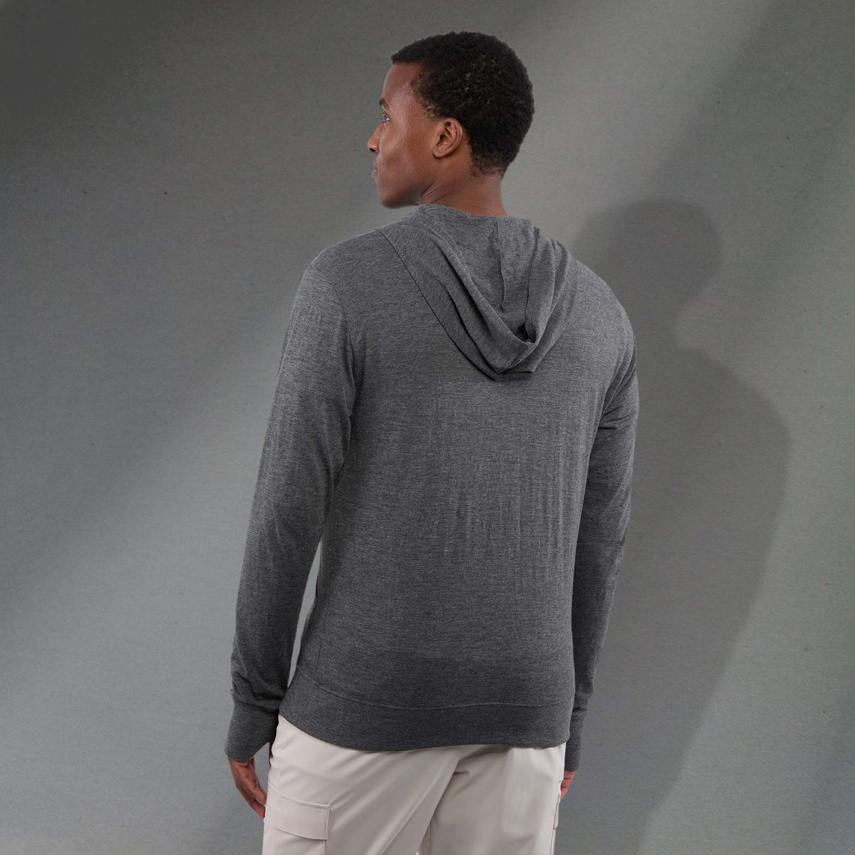Garner Lightweight Knit Zip Hoodie with Thumb Holes for Men Sublimation - Heather Dark Charcoal - Back On Model