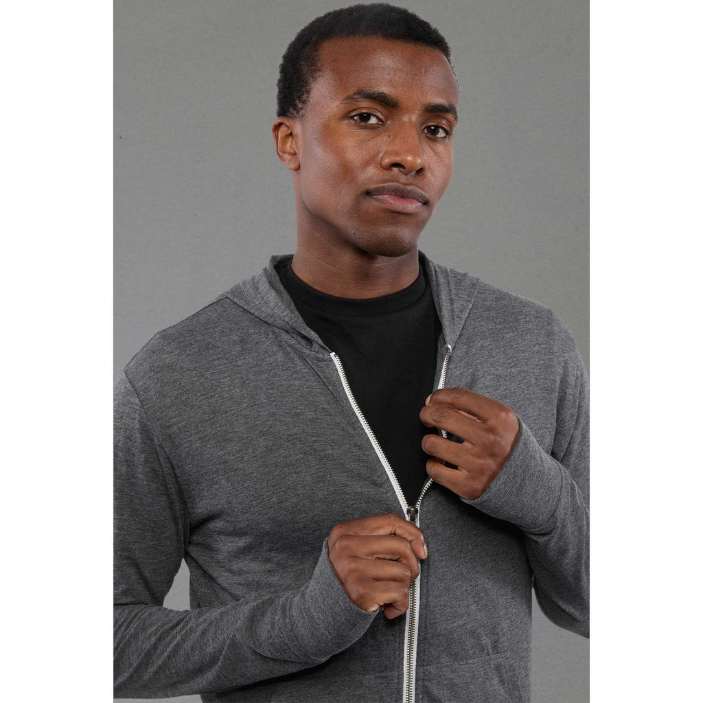 Garner Lightweight Knit Zip Hoodie with Thumb Holes for Men Sublimation - Heather Dark Charcoal - Front On Model 2