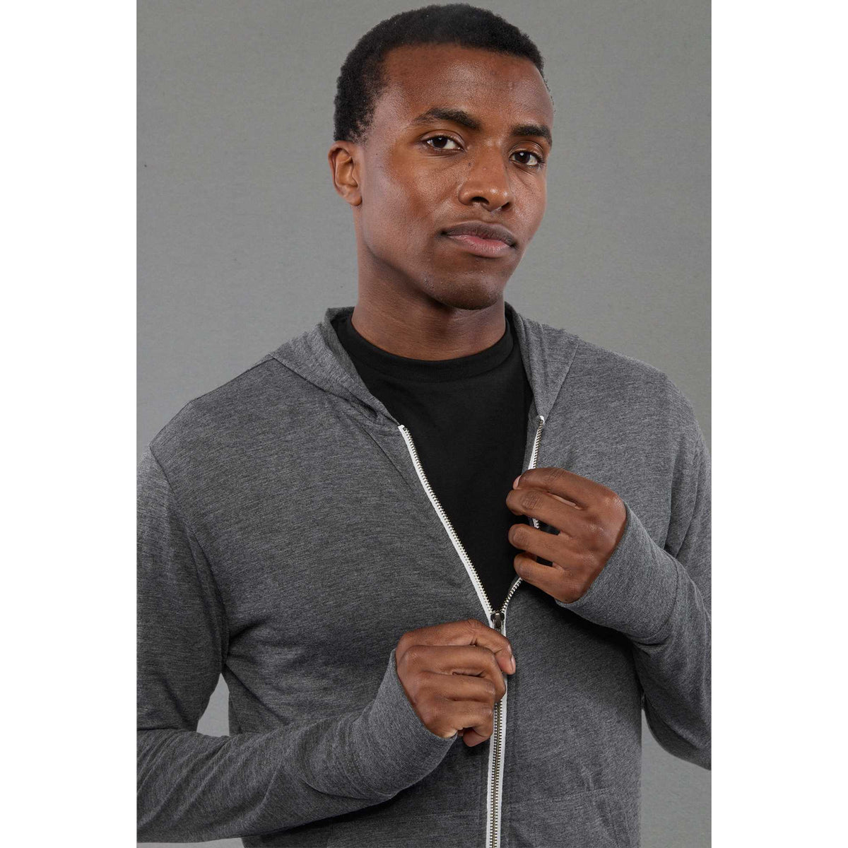 Garner Lightweight Knit Zip Hoodie with Thumb Holes for Men Sublimation - Heather Dark Charcoal - Front On Model 2