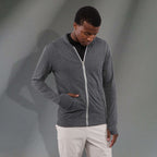 Garner Lightweight Knit Zip Hoodie with Thumb Holes for Men Sublimation - Heather Dark Charcoal - Front On Model 3