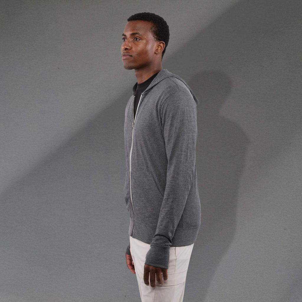 Garner Lightweight Knit Zip Hoodie with Thumb Holes for Men Sublimation - Heather Dark Charcoal - Left Side On Model