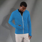 Garner Lightweight Knit Zip Hoodie with Thumb Holes for Men Sublimation - Olympic Blue Heather - Front On Model