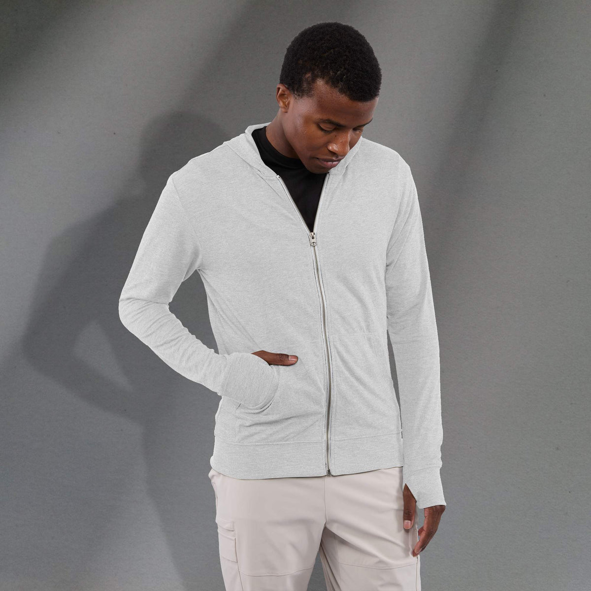 Garner Lightweight Knit Zip Hoodie with Thumb Holes for Men Sublimation - White - Front On Model