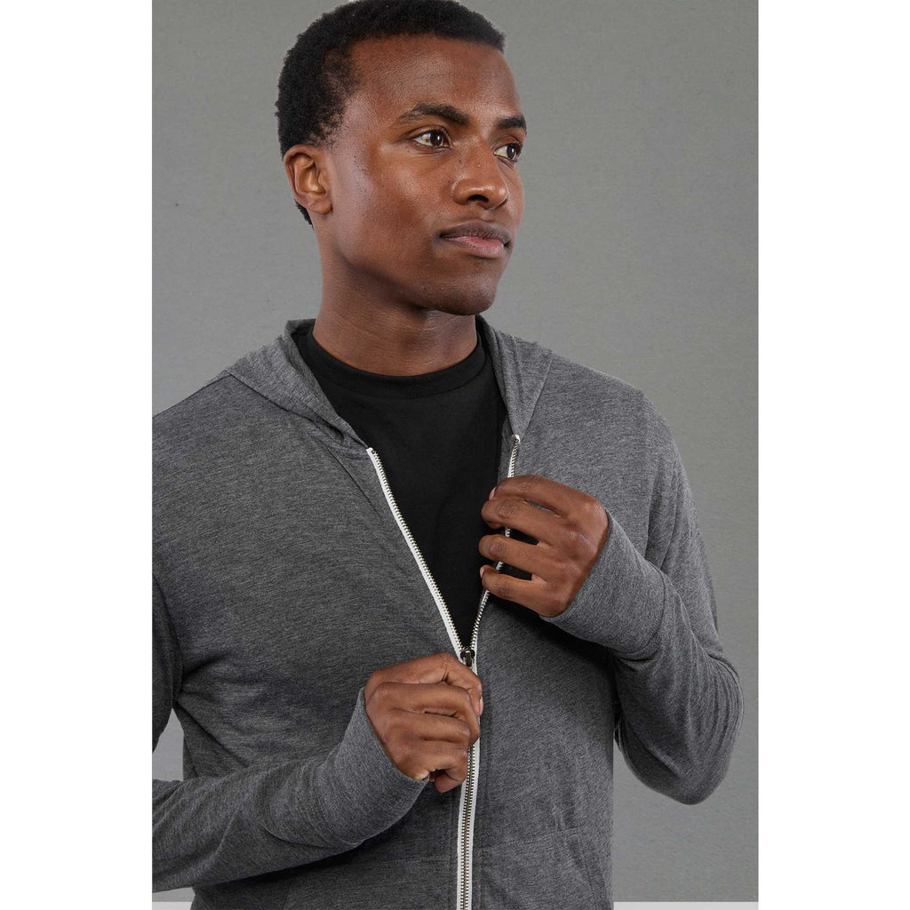 Garner Lightweight Knit Zip Hoodie with Thumb Holes for Men Transfer - Heather Dark Charcoal - Front On Model