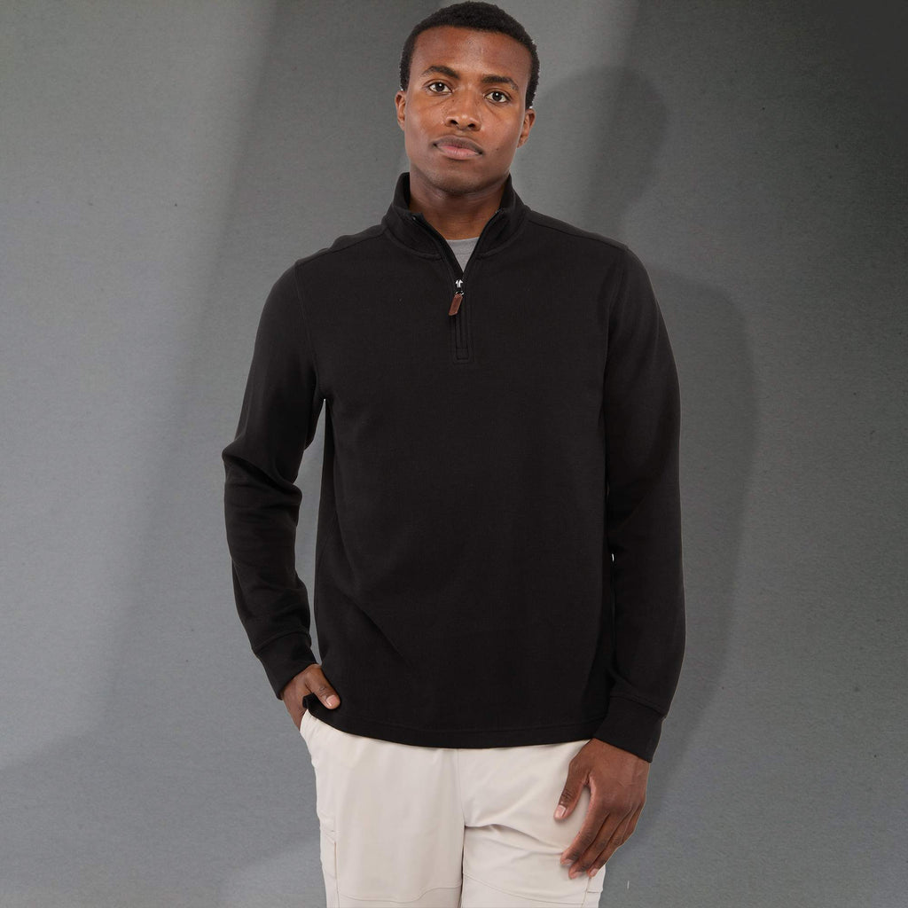 Hudson Ribbed Quarter Zip Sweater for Men Embroidery - Black - Front On Model 2