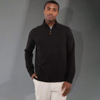 Hudson Ribbed Quarter Zip Sweater for Men Embroidery - Black - Front On Model 2