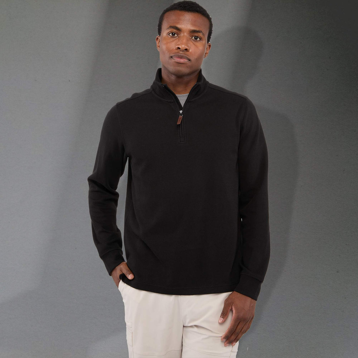 Hudson Ribbed Quarter Zip Sweater for Men Embroidery - Black - Front On Model 2