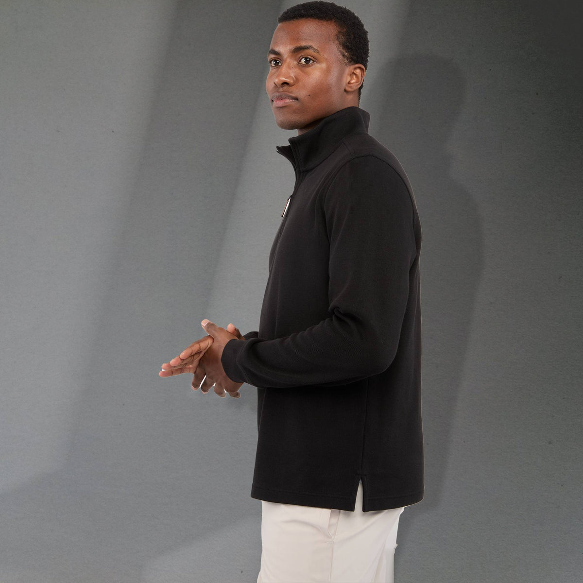Hudson Ribbed Quarter Zip Sweater for Men Embroidery - Black - Left Side On Model 2