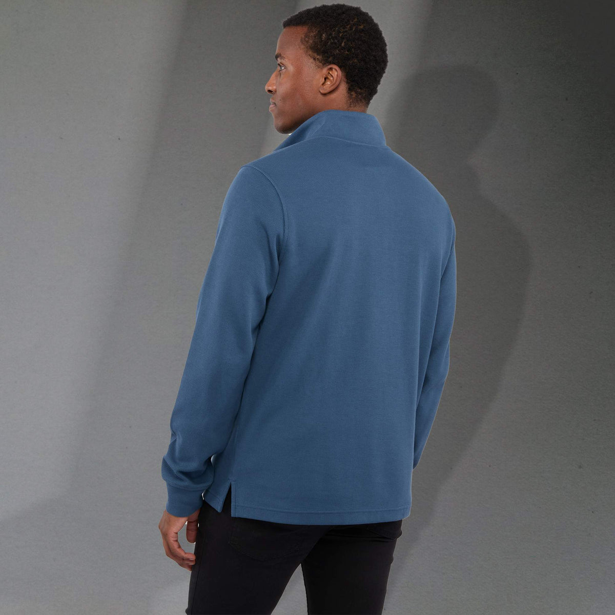 Hudson Ribbed Quarter Zip Sweater for Men Embroidery - Denim - Back On Model 2