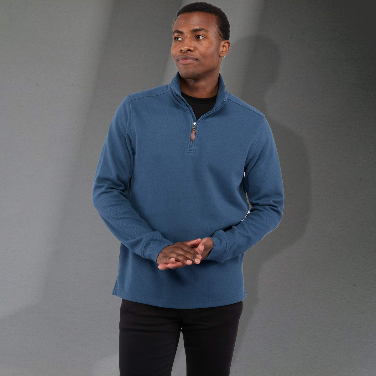 Hudson Ribbed Quarter Zip Sweater for Men Embroidery - Denim - Front On Model