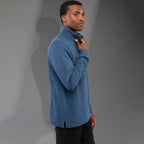 Hudson Ribbed Quarter Zip Sweater for Men Embroidery - Denim - Right Side On Model 2