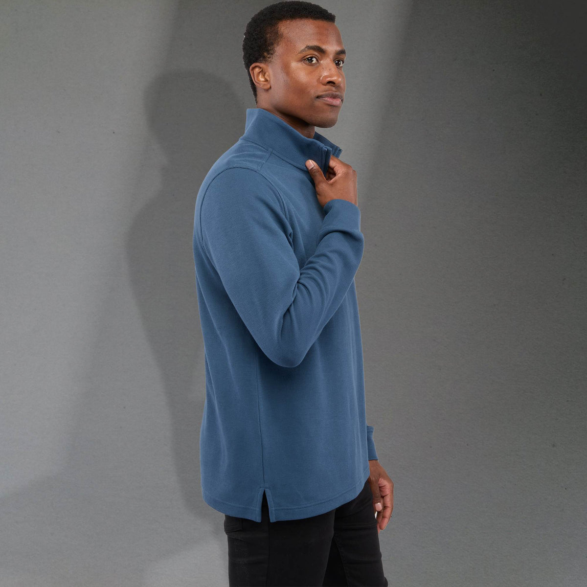 Hudson Ribbed Quarter Zip Sweater for Men Embroidery - Denim - Right Side On Model 2