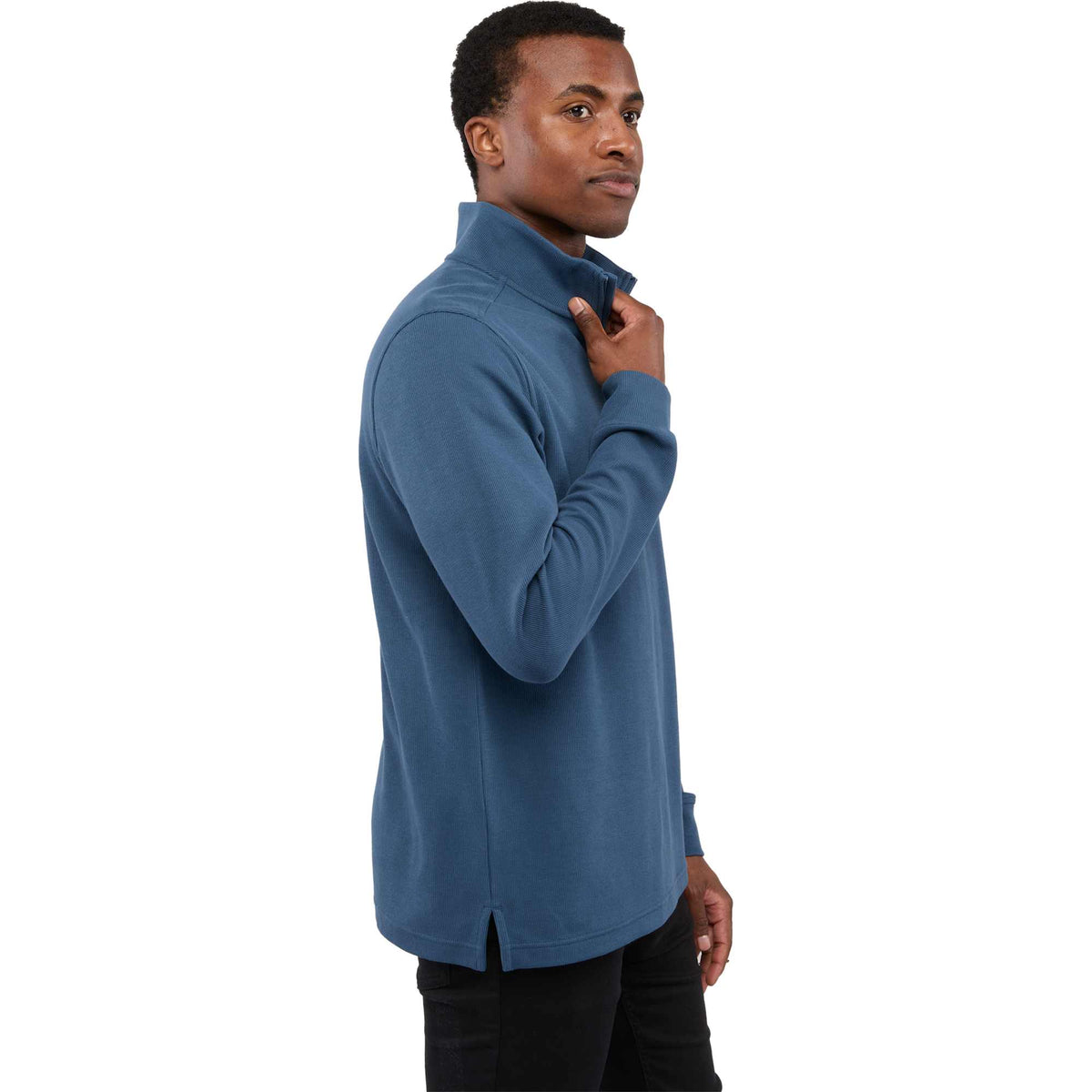 Hudson Ribbed Quarter Zip Sweater for Men Embroidery - Denim - Right Side On Model