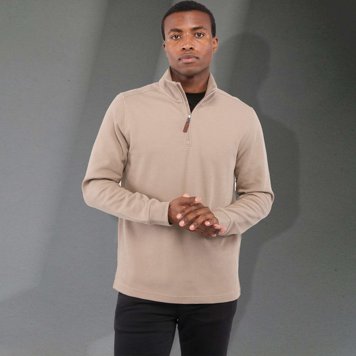Hudson Ribbed Quarter Zip Sweater for Men Embroidery - Tan - Front On Model