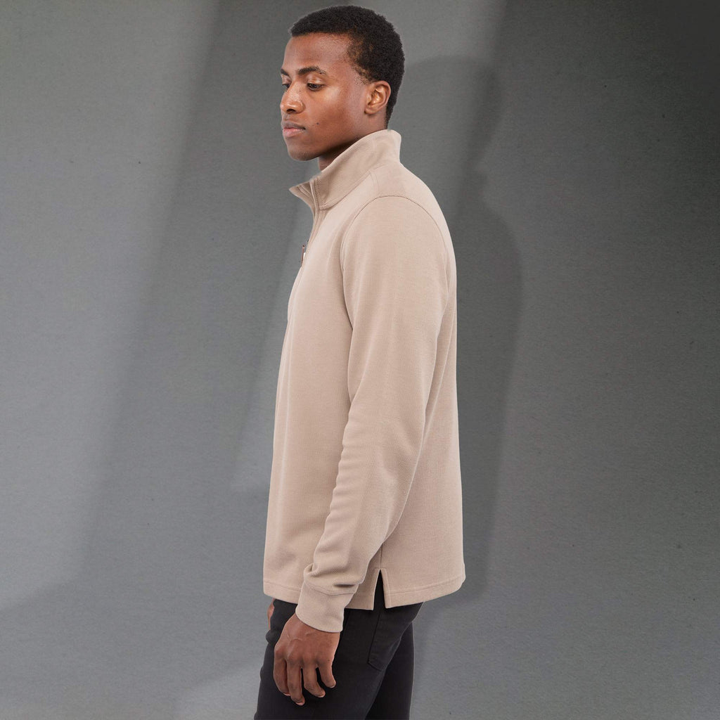 Hudson Ribbed Quarter Zip Sweater for Men Embroidery - Tan - Left Side On Model