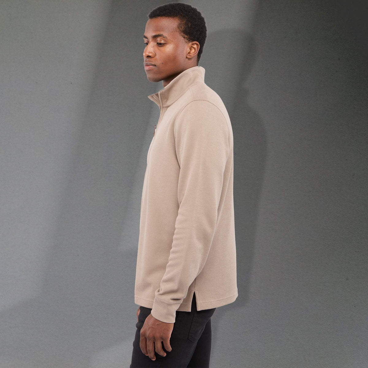 Hudson Ribbed Quarter Zip Sweater for Men Embroidery - Tan - Left Side On Model