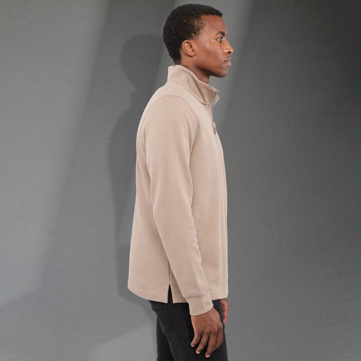 Hudson Ribbed Quarter Zip Sweater for Men Embroidery - Tan - Right Side On Model 2