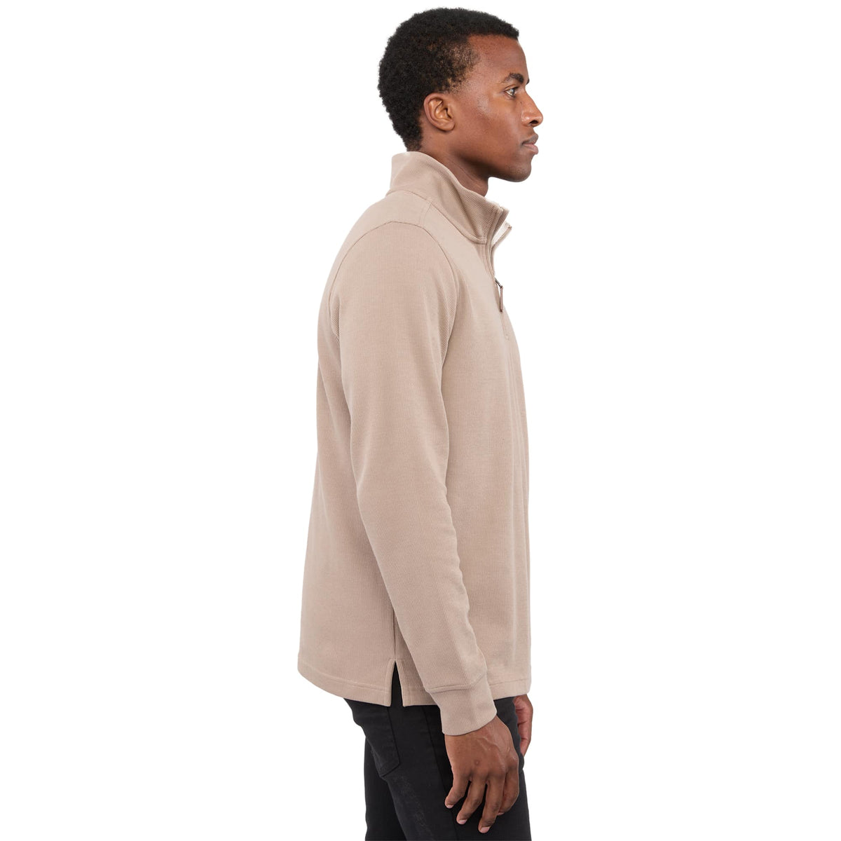 Hudson Ribbed Quarter Zip Sweater for Men Embroidery - Tan - Right Side On Model