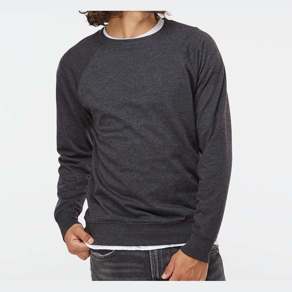 Independent Trading Co. Unisex Icon Lightweight Loopback Terry Crew Sweatshirt Embroidery - Charcoal Heather - On Model Front
