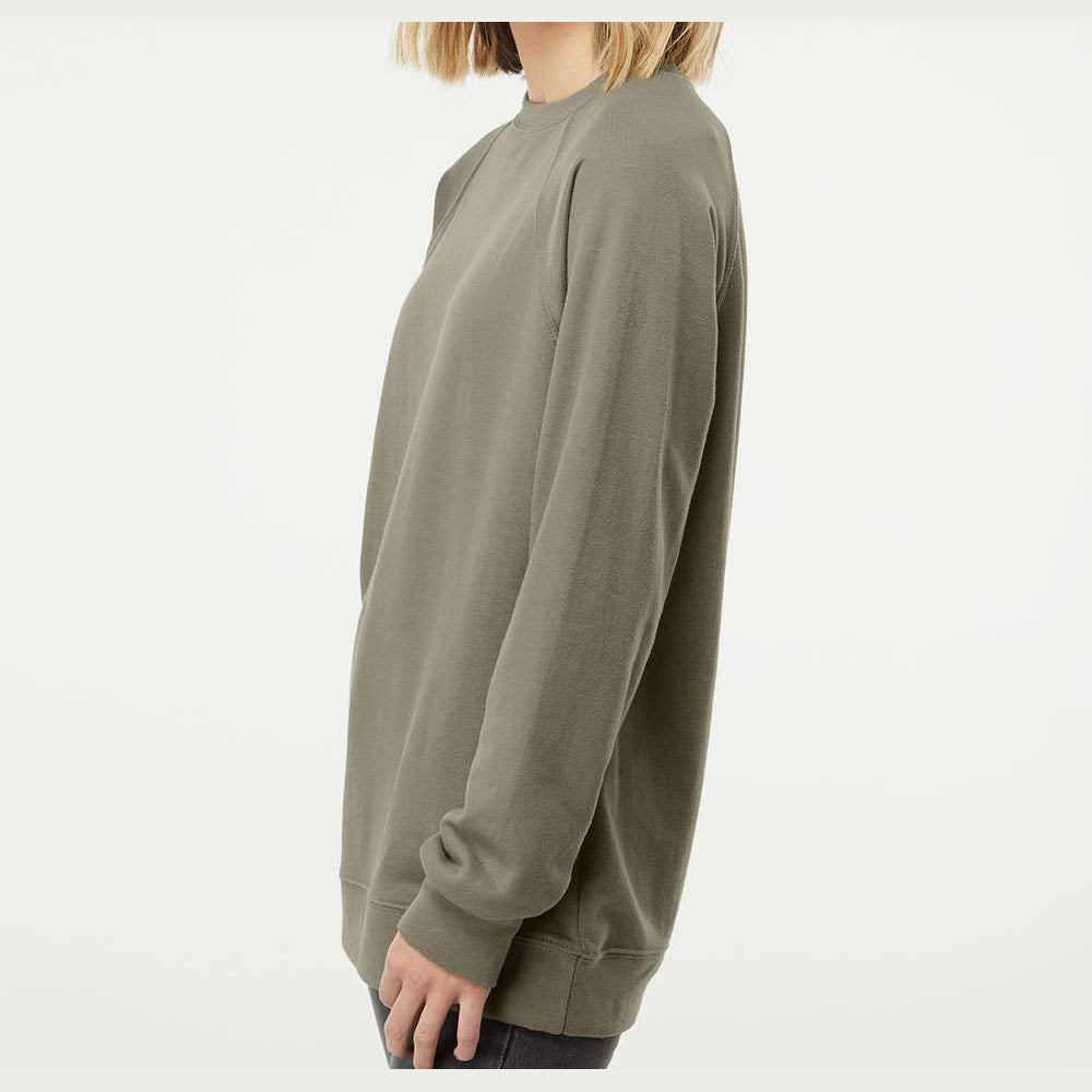Independent Trading Co. Unisex Icon Lightweight Loopback Terry Crew Sweatshirt Embroidery - Olive - On Model Side