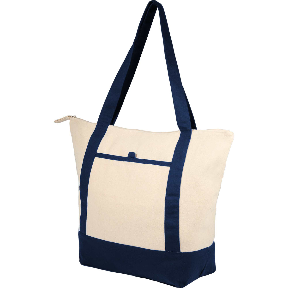 Isle Organic Cotton Zippered Tote, 8 oz Embroidery - Natural/Navy - Left Angle