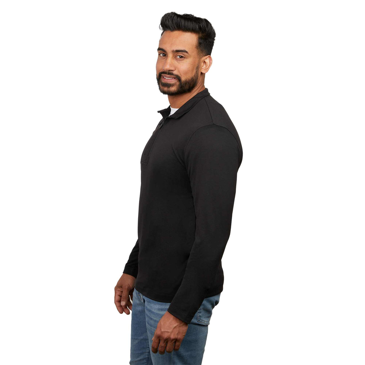 Izu Everything Eco Stretch Quarter Zip for Men Embroidery - Black - Left Side On Model