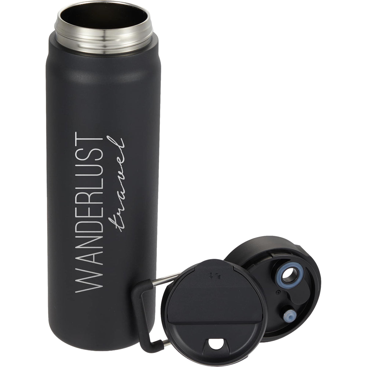 Kara Insulated Bottle with Swivel Lid in Recycled Steel, 24 oz Laser Engraving - Black - Detail