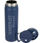 Kara Insulated Bottle with Swivel Lid in Recycled Steel, 24 oz Laser Engraving - Navy - Detail