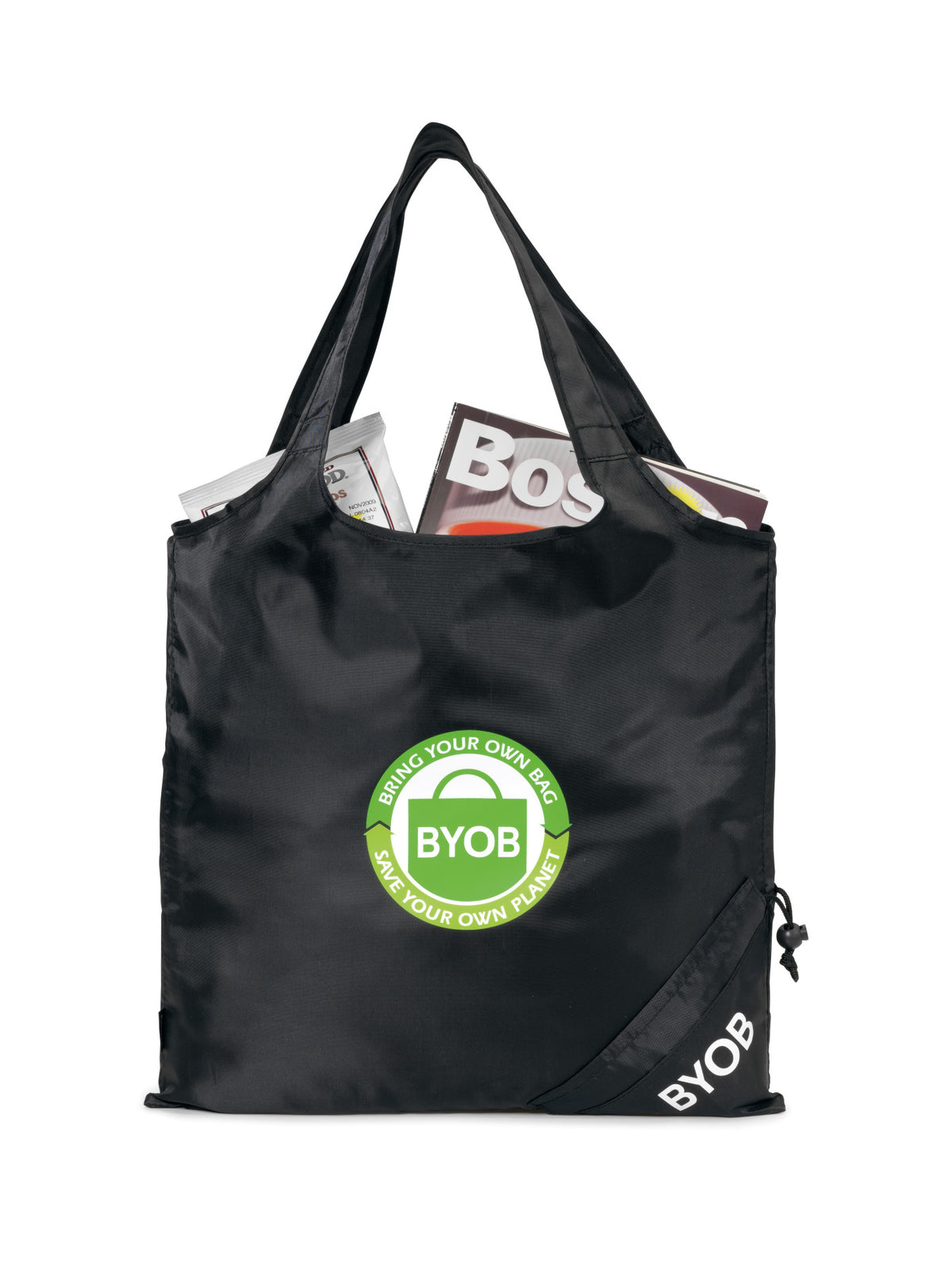 Latitudes Foldaway Shopping Tote with Drawstring Pouch Transfer - Black - View 1