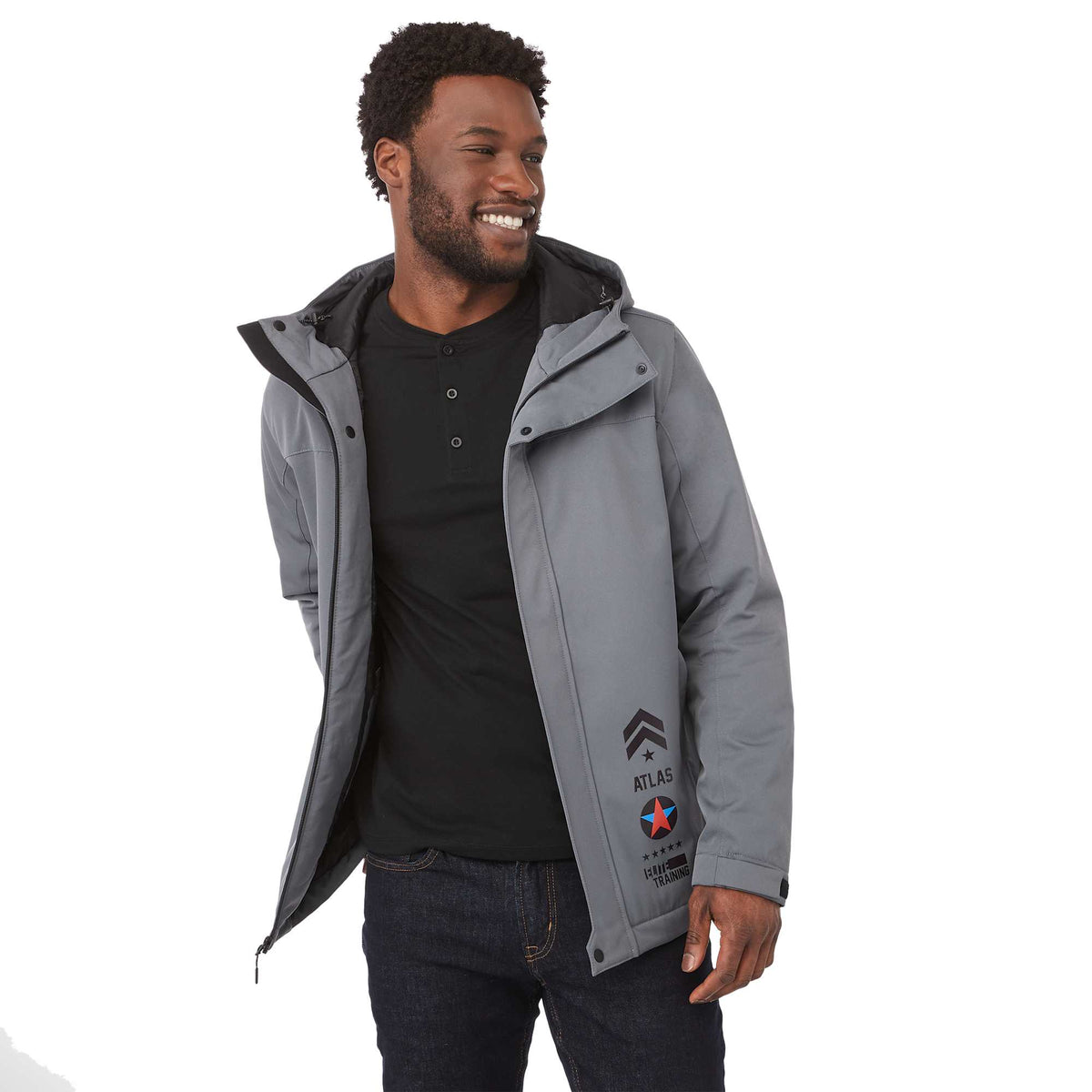 Lena Recycled Insulated Jacket with Hood for Men Embroidery - Steel Grey - On Model Front 2